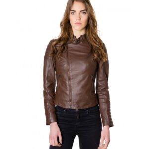 giubbotto in pelle da donna vera pelle nappa modello chiodo zip trasversale colore marrone modkarim trap 5