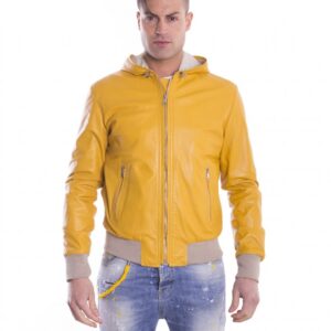 giubbotto in pelle da uomo con cappuccio e fodera traforata colore giallo biancolino 1 4