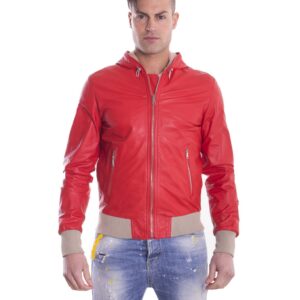 giubbotto in pelle da uomo con cappuccio e fodera traforata colore rosso biancolino 7