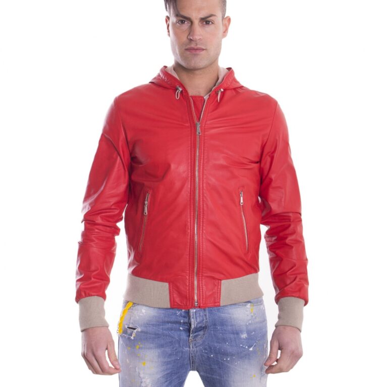 giubbotto in pelle da uomo con cappuccio e fodera traforata colore rosso biancolino 7