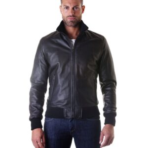 giubbotto in pelle da uomo con polsini e collo in lana modello bomber nero 107 5