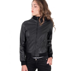 giubbotto in pelle donna modello bomber con cerniera centrale colore nero g155 6