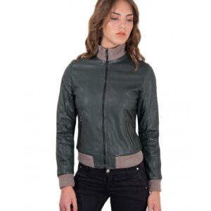giubbotto in pelle donna modello bomber con cerniera centrale colore verde g155 collezione donna autunno inverno 5