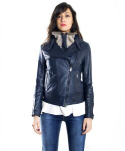 giubbotto in pelle donna modello chiodo biker con zip trasversale colore blu f202 5