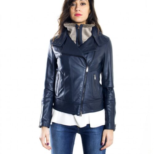 giubbotto in pelle donna modello chiodo biker con zip trasversale colore blu f202 5