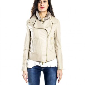 giubbotto in pelle donna modello chiodo biker con zip trasversale colore crema f202 1 2