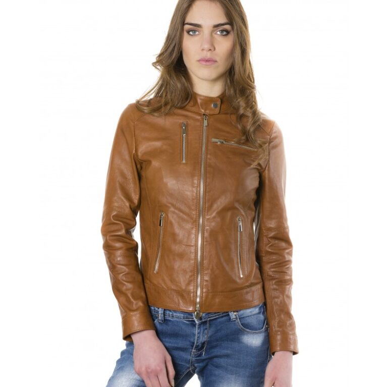 giulia brown color lamb leather jacket biker vintage effect