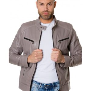 hamilton grey colour lamb leather jacket mao collar vintage aspect 1 1