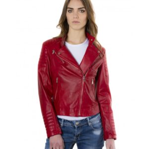 karim trap red color lamb leather biker quilted jacket smooth effect