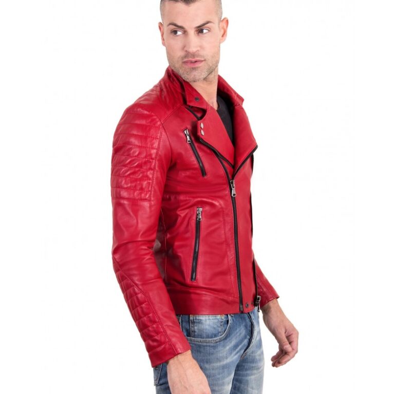 kevin red color nappa lamb leather biker perfecto jacket smooth effect 3 2