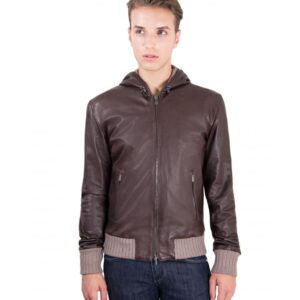 leather jacket with hood and soft lamb leather contrasting wool dark brown color biancolino 4