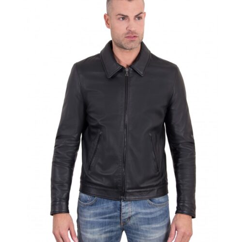 leo black color nappa lamb leather jacket shirt collar 5