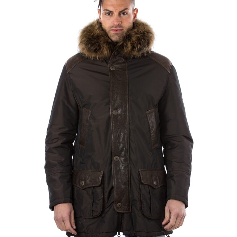 man leather and fabric coat fox fur hood brown marco 5