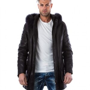 man leather coat fox fur hood black marco 1 2