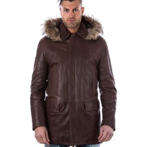 man leather coat fox fur hood black marco 7