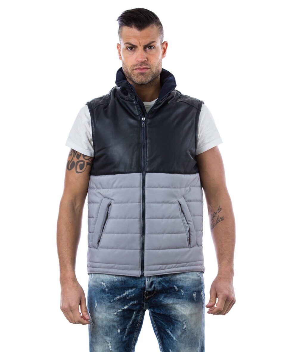 man leather sleeveless gilet jacket grey blue tommy