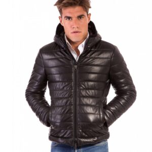 men s leather down jacket genuine soft leather central zip black color mod teo 5