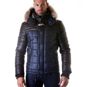men s leather down jacket genuine soft leather central zip blue color mod sky 4
