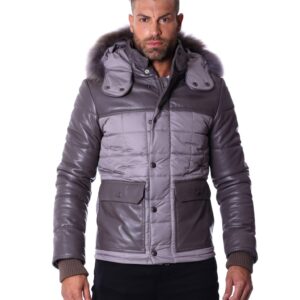 men s leather down jacket with hood leather and fabric grey color mod u500 4