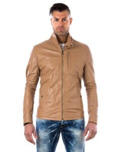 men s leather jacket central zip and buttons pockets regular fit davide beige 1 2