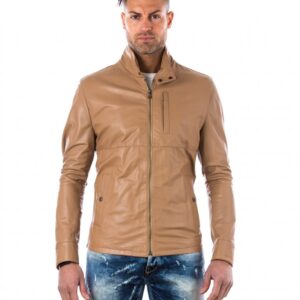 men s leather jacket central zip and buttons pockets regular fit davide beige 1 2