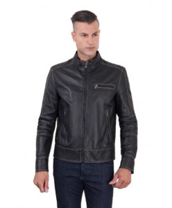 men s leather jacket constrasting stitching three pockets black color trus 5
