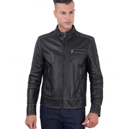 men s leather jacket constrasting stitching three pockets black color trus 5