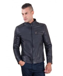 men s leather jacket constrasting stitching three pockets blue color trus