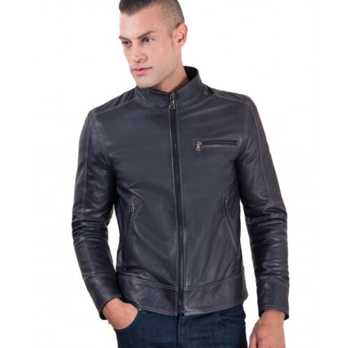 men s leather jacket constrasting stitching three pockets blue color trus