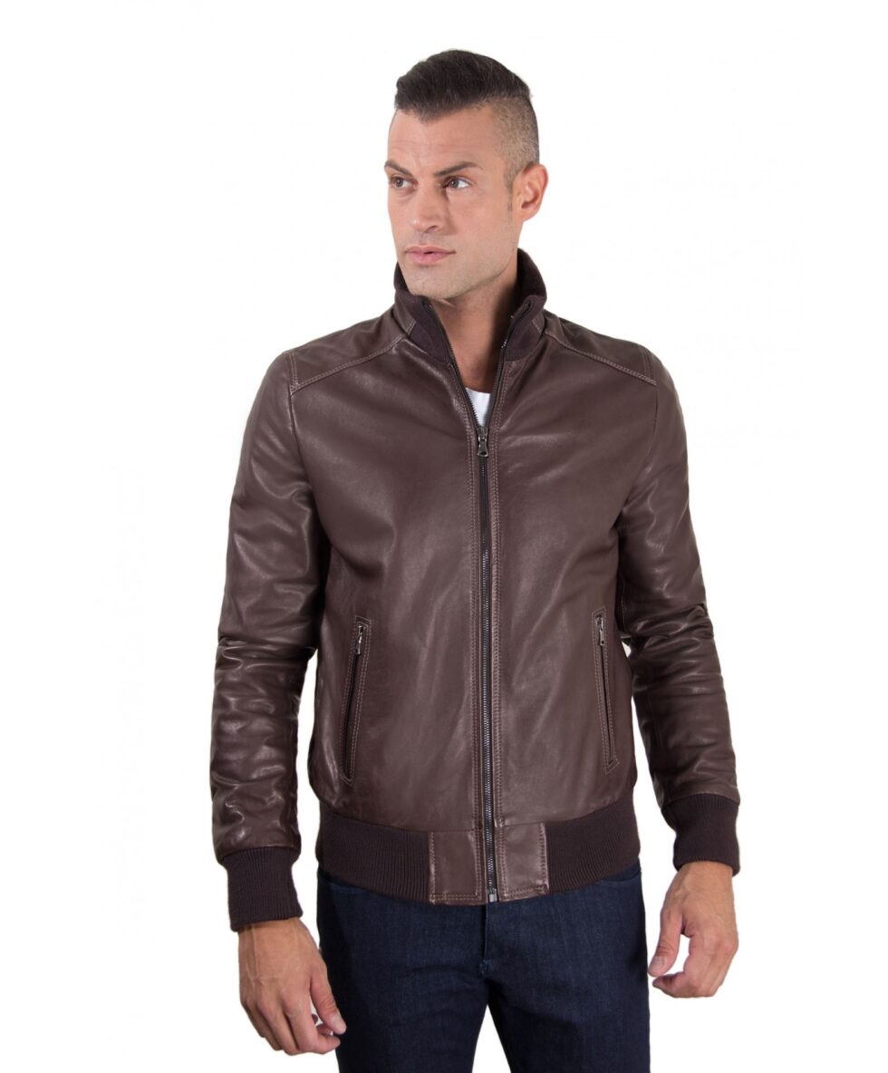 men s leather jacket contrasting stitching style bomber dark brown color bomber 5