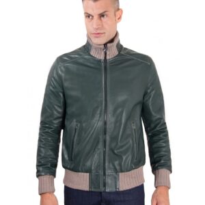 men s leather jacket contrasting wool style bomber green color bomber 5