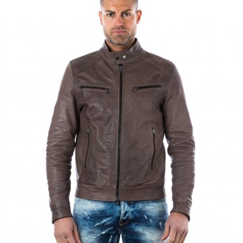 men s leather jacket genuine crocodile effect soft leather biker style collar mao grey color hamilton 5