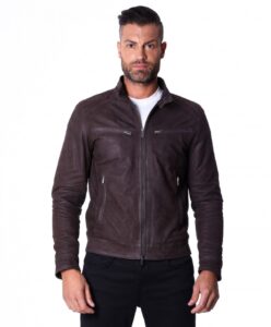men s leather jacket genuine nabuk soft leather biker style collar mao dark brown color hamilton 6