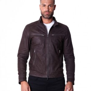 men s leather jacket genuine nabuk soft leather biker style collar mao dark brown color hamilton 6