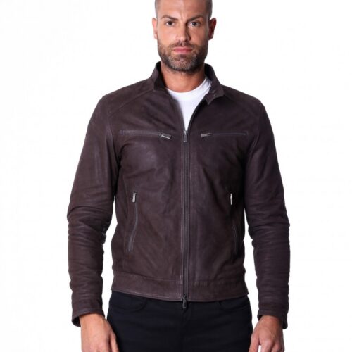 men s leather jacket genuine nabuk soft leather biker style collar mao dark brown color hamilton 6