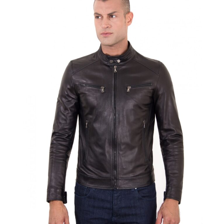 men s leather jacket genuine soft leather biker mao collar mao black color hamilton 14