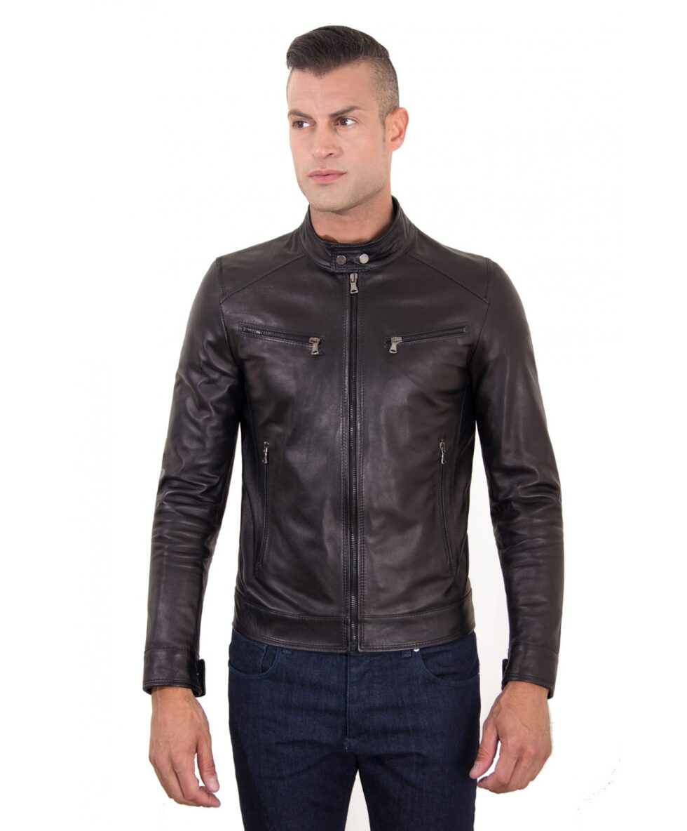 men s leather jacket genuine soft leather biker mao collar mao black color hamilton 14