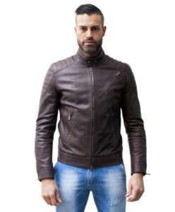 men s leather jacket genuine soft leather biker mao collar quilted yoke dark brown color u411 5