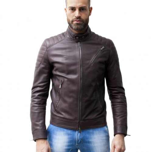 men s leather jacket genuine soft leather biker mao collar quilted yoke dark brown color u411 5
