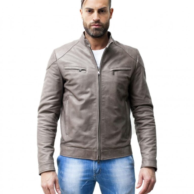 men s leather jacket genuine soft leather biker mao collar quilted yoke grey color u410 1 1