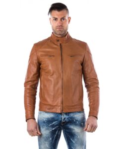 men s leather jacket genuine soft leather biker mao collar quilted yoke tan color u410 5