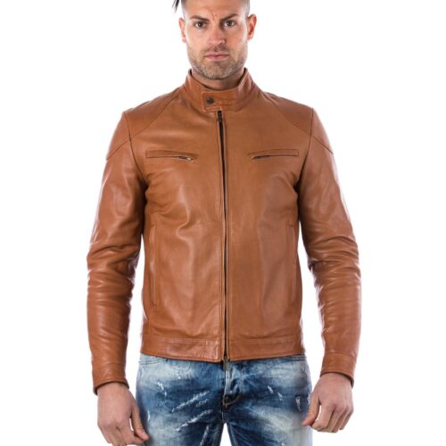 men s leather jacket genuine soft leather biker mao collar quilted yoke tan color u410 5