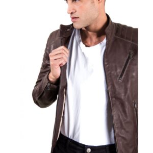 men s leather jacket genuine soft leather biker quilted yoke dark brown color u411 3 2