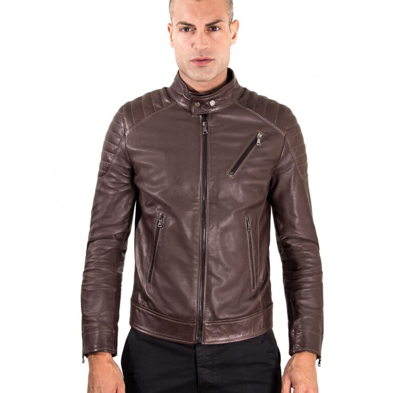 men s leather jacket genuine soft leather biker quilted yoke dark brown color u411 4