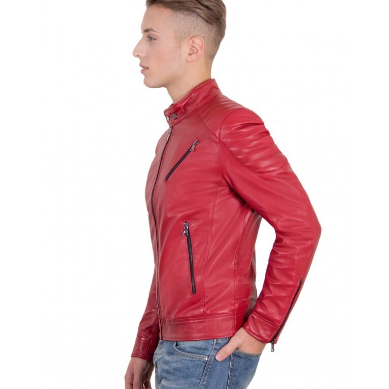men s leather jacket genuine soft leather biker quilted yoke red color u411 3 1