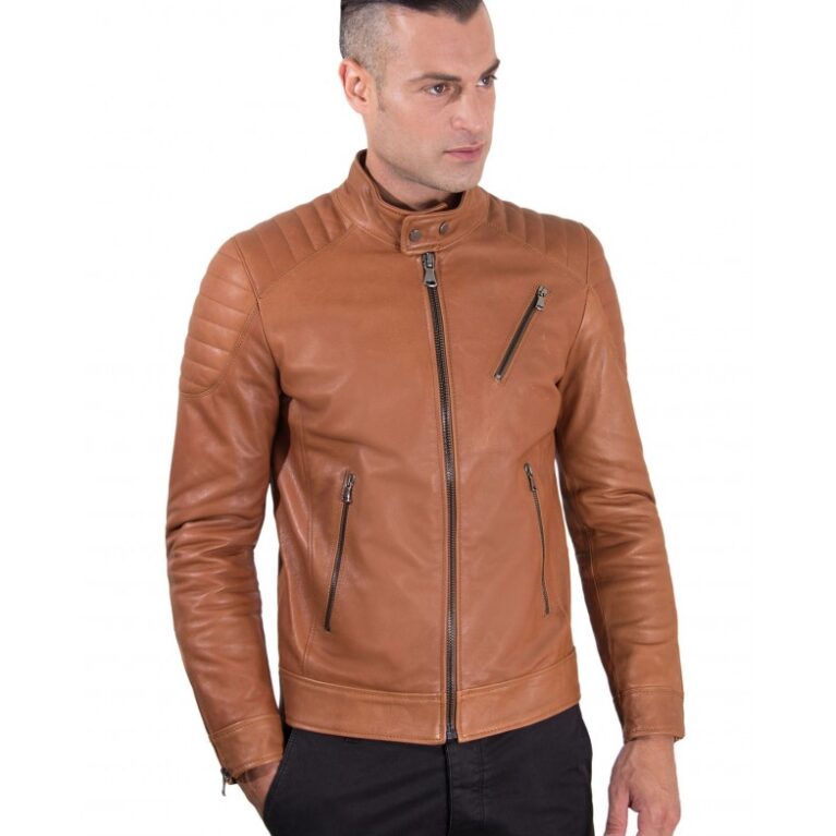 men s leather jacket genuine soft leather biker quilted yoke tan color u411 5