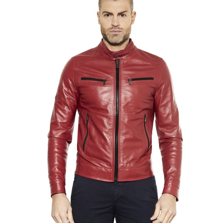 men s leather jacket genuine soft leather biker style collar mao red color hamilton 5