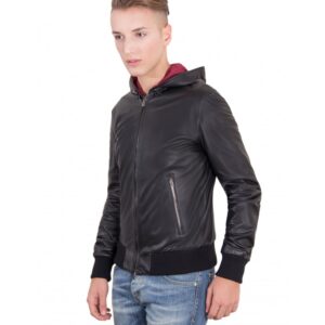men s leather jacket genuine soft leather hood bomber central zip black color mod biancolino 1 2