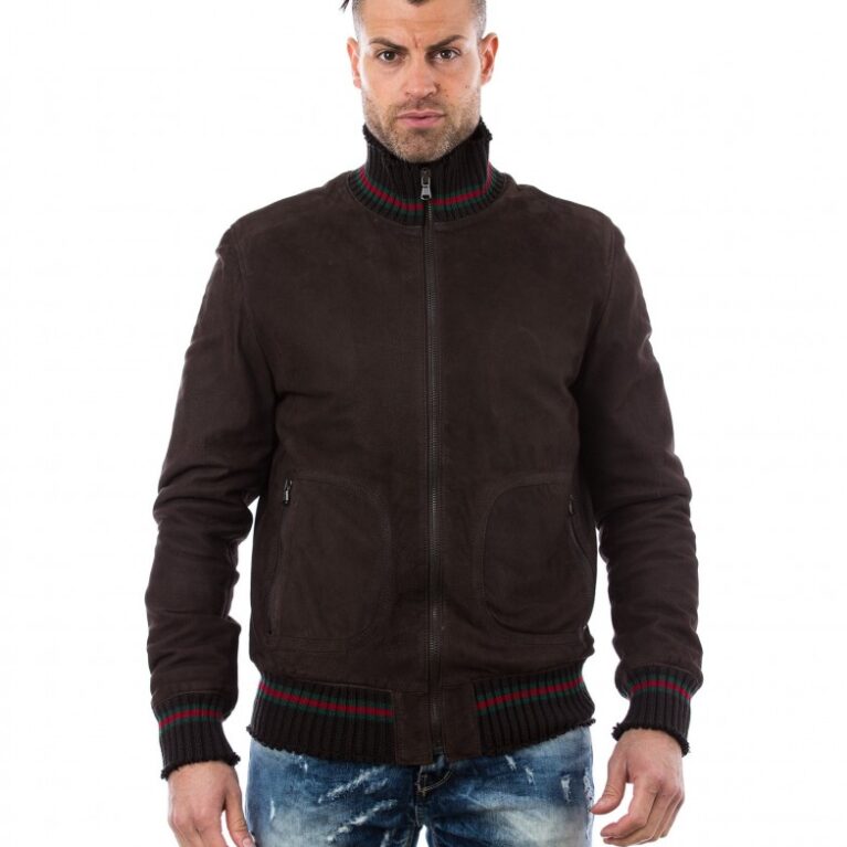 men s leather jacket genuine soft leather nabuk style bomber wool cuffs and bottom central zip dark brown color mod vito 6