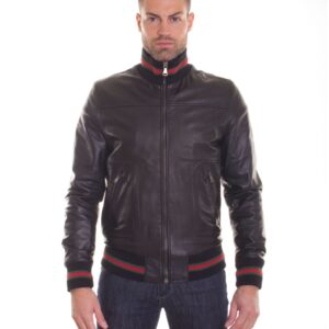 men s leather jacket genuine soft leather style bomber bicolor wool cuffs and bottom central zip black color mod alex 5